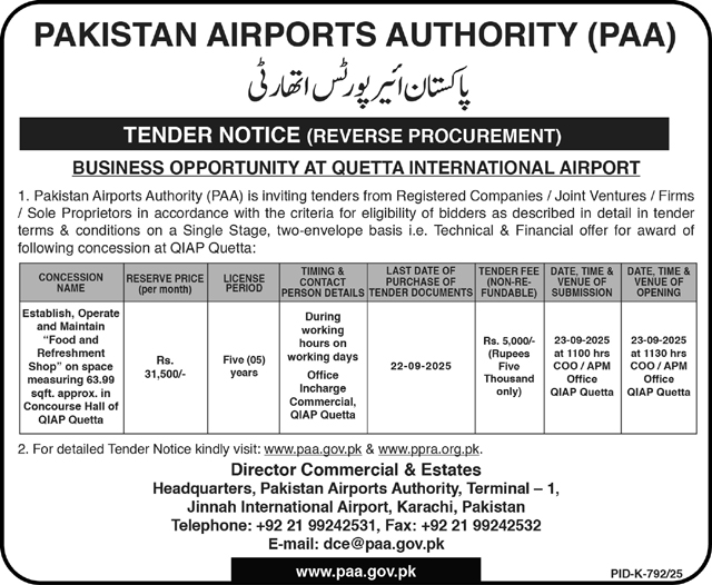 Pakistan Airports Authority Karachi Tender Notice